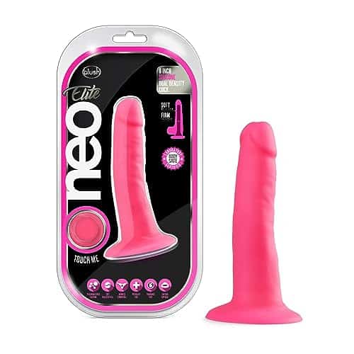 Blush Novelties Neo Elite - 6 Inch Dildo - Ultrasilk Silicone Sensa Feel Dual Density Technology - Suction Cup Base and O-Ring Harness Compatible Realistic - Neon Pink