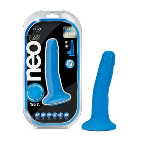 Blush Novelties NEO Elite 6 Inch Dildo | Ultrasilk™ Silicone | Sensa Feel® Dual Density Technology | Suction Cup Base and O-Ring Harness Compatible | Realistic | Neon Blue