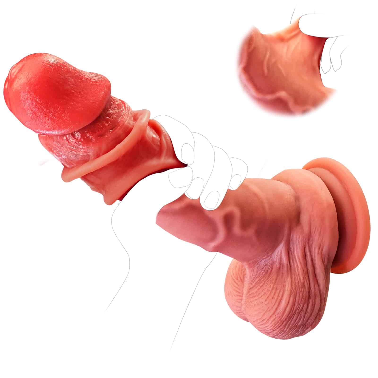 Realistic G-spot Anal Dildo for Women - 8.6 Inch Liquid Silicone Movable Foreskin Anal Vaginal Dildos with Lifelike Glans & Textured Veins & Hands-free Strong Suction Cup, Adult Sex Toys for Beginners