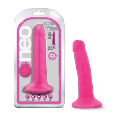 Blush Novelties, Neo Sensa Feel Dual Density Super Soft Squishy 6 Inch Cup Realistic Suction Cup Dildo - Neon Pink