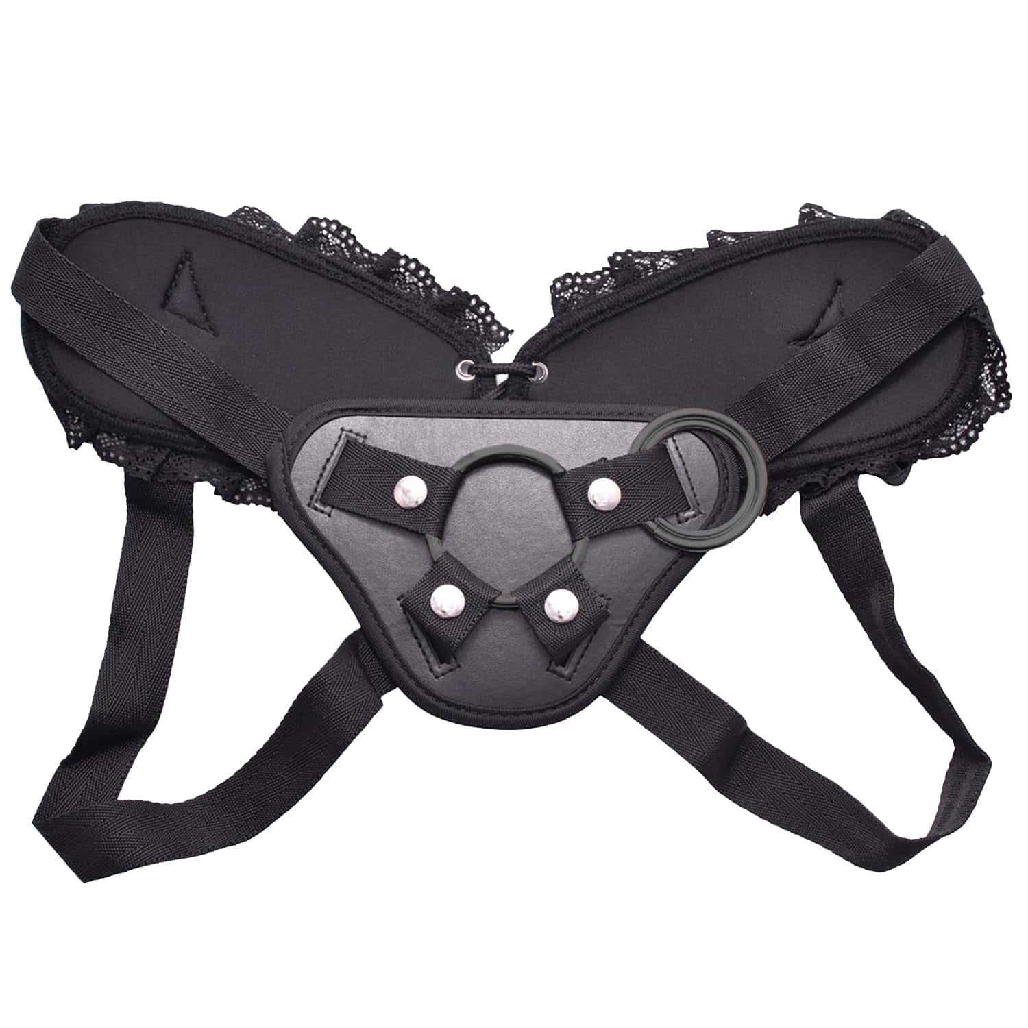 ASNOKNAE Adjustable Strap On Harness, Plus Size Strap On Harness for Women, Strapless and Wearable Dildo Harness, with 5 Different Sized O-Rings, Elegant Lace Ruffle Back Panel, Maximum Waist 59"