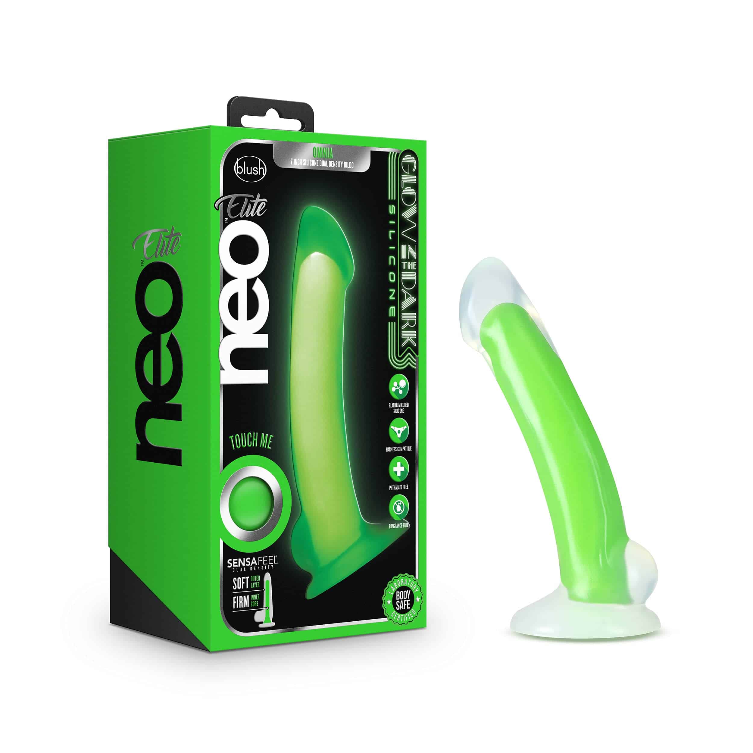 Blush Novelties Neo Elite Glow in The Dark Omnia 7 inch Silicone Dual Density Suction Cup Harness Compatible Dildo Sex Toy for Men Women Couples