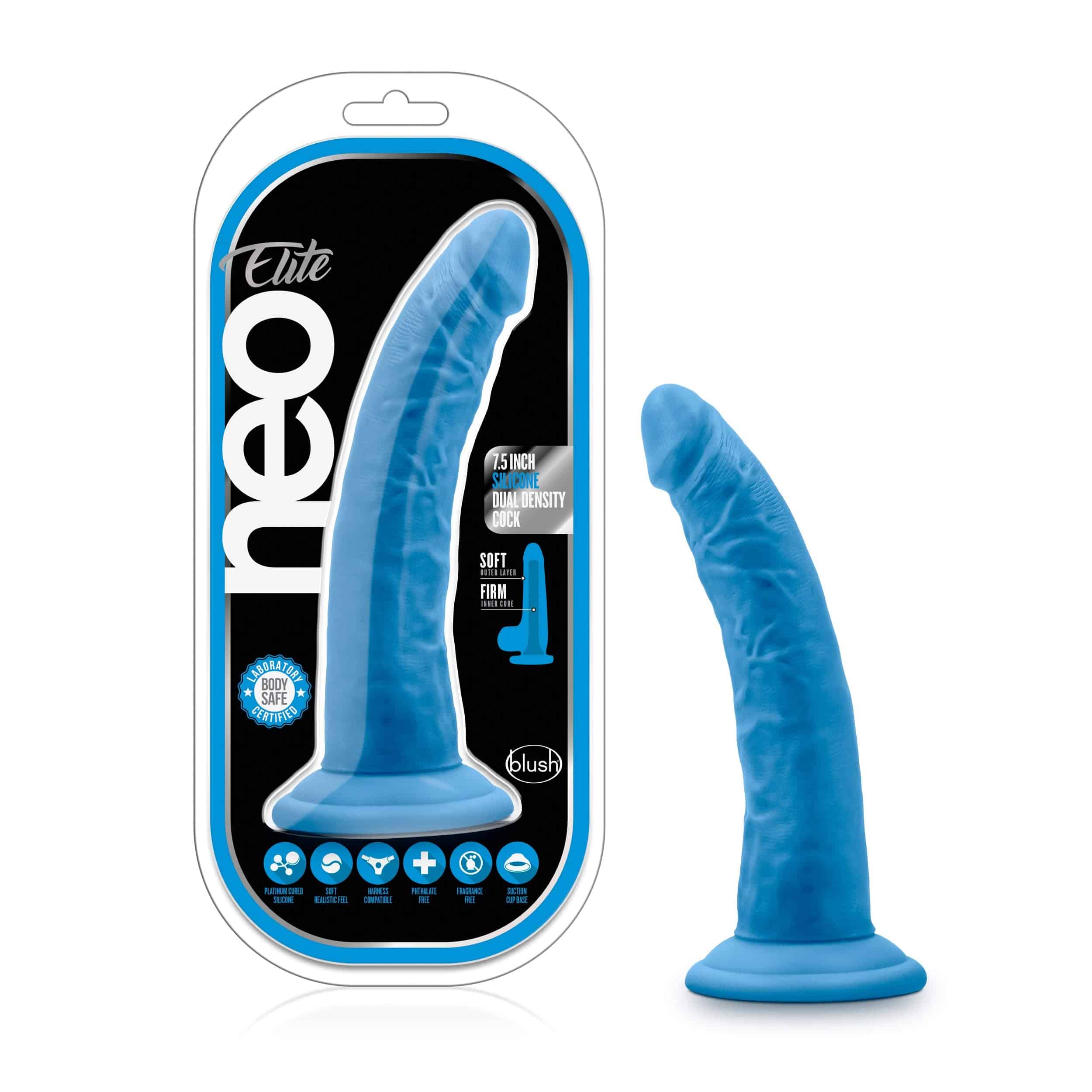 Blush Novelties, Neo Elite, 7.5" Luxury Realistic Dildo, 1.5" Thick Shaft, Silicone Sensa Feel Dual Density Ultra Silk Anal Pegging Strap On Harness Compatible Suction Cup for Hands Free Play Sex Toy