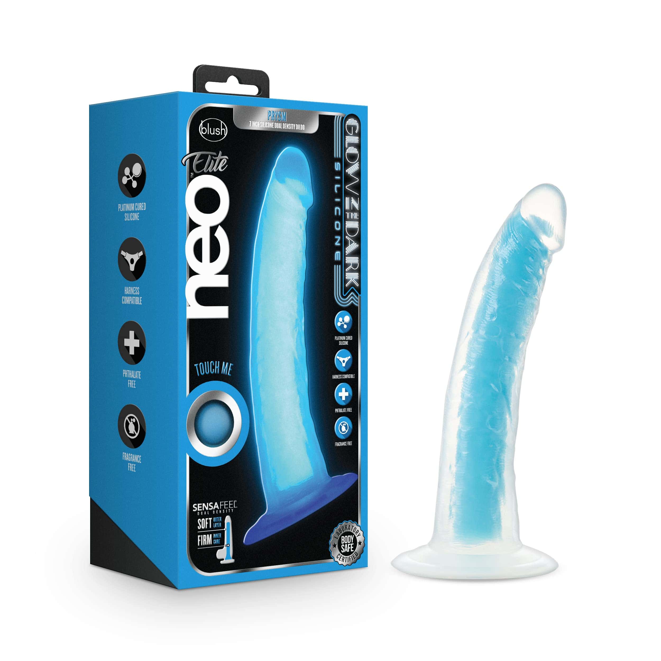 Blush Novelties Neo Elite Glow in The Dark 7.5 Inch Silicone Dual Density Cock with Suction Cup, Sex Toy for Women, Neon Blue